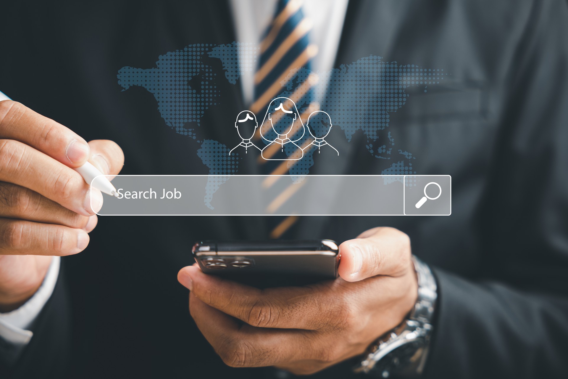 A man holding smart phone with find a job on screen